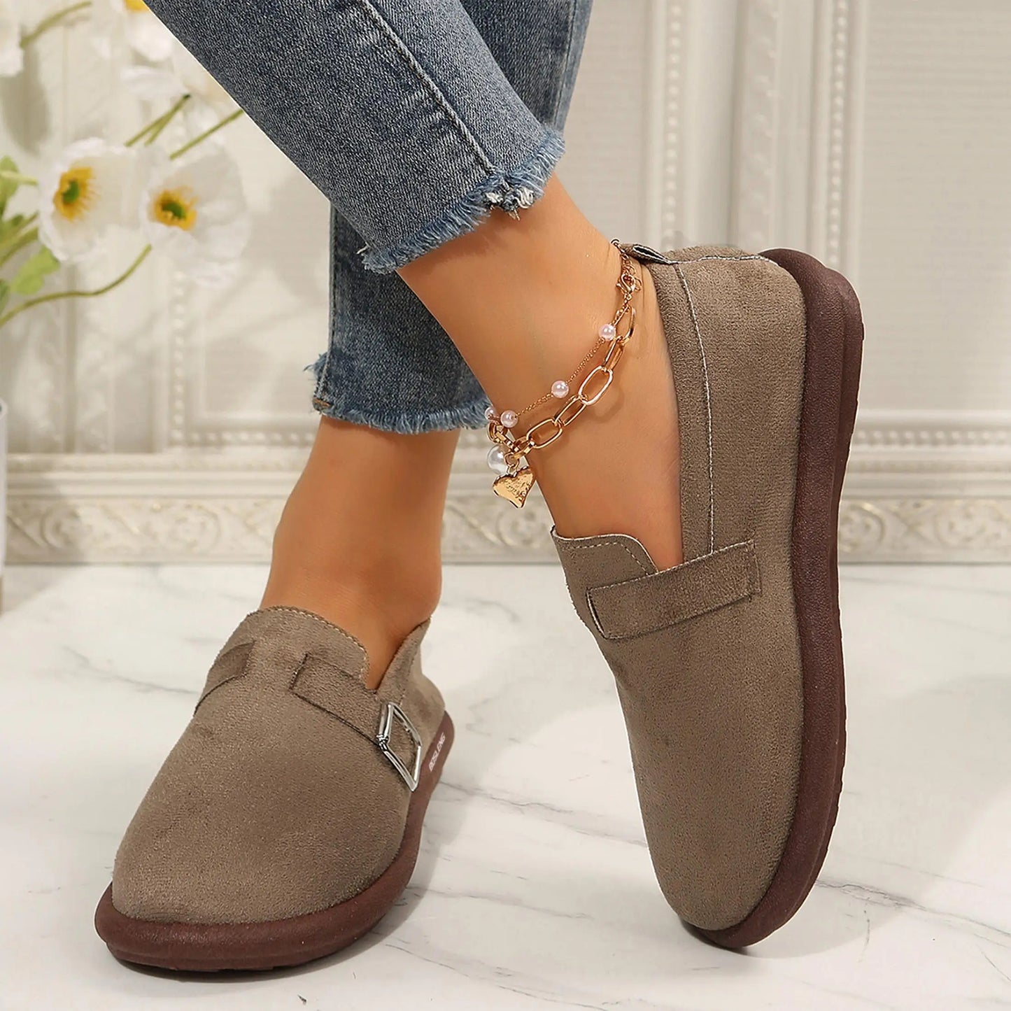 Suede Buckle Loafers for Women Versatile Slip-On Flats with Durable Rubber Sole Walking Shoes