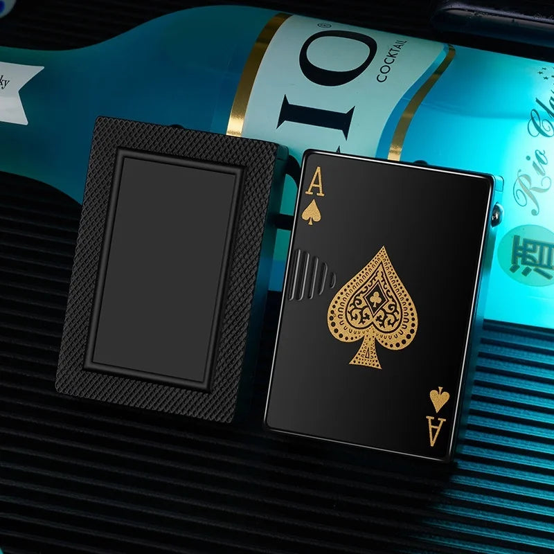 Metal Poker Card Shaped Lighter with Cash Detector Light Windproof Decompression Portable Turbine Torch Lighter for Men's Gift