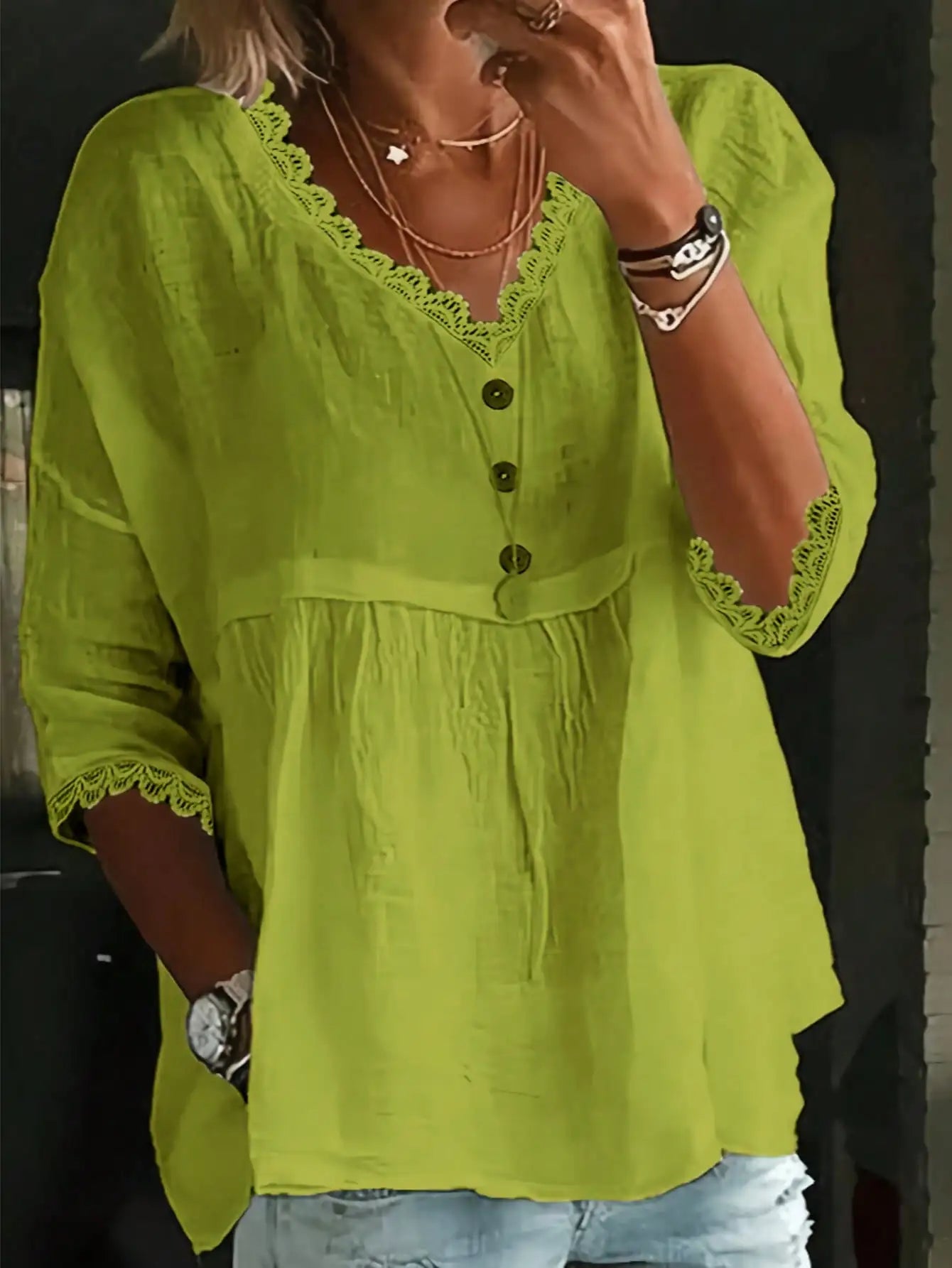 Women's Casual V-Neck Lace Trim Blouse Solid Color Lightweight Woven Top