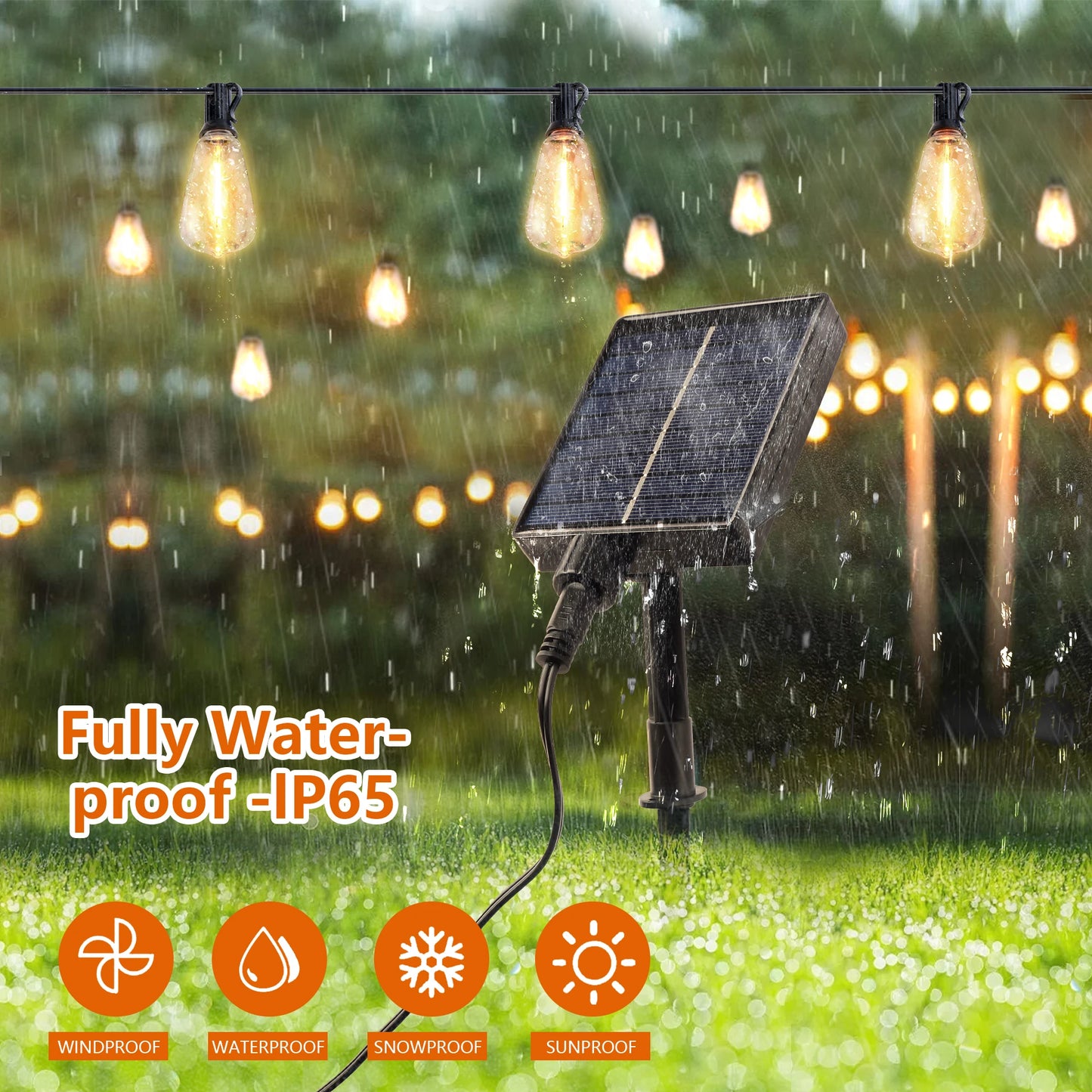 100FT Solar Outdoor String Lights IP65 Waterproof Patio Lights, Shatterproof E12 Replaceable Bulbs, Remote Dimmable Timing
