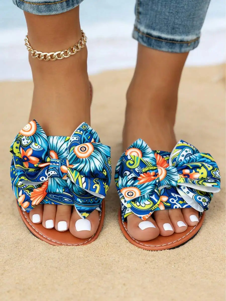 Womens Summer Floral Bow Flat Sandals Bohemian Style Beach Casual Slippers
