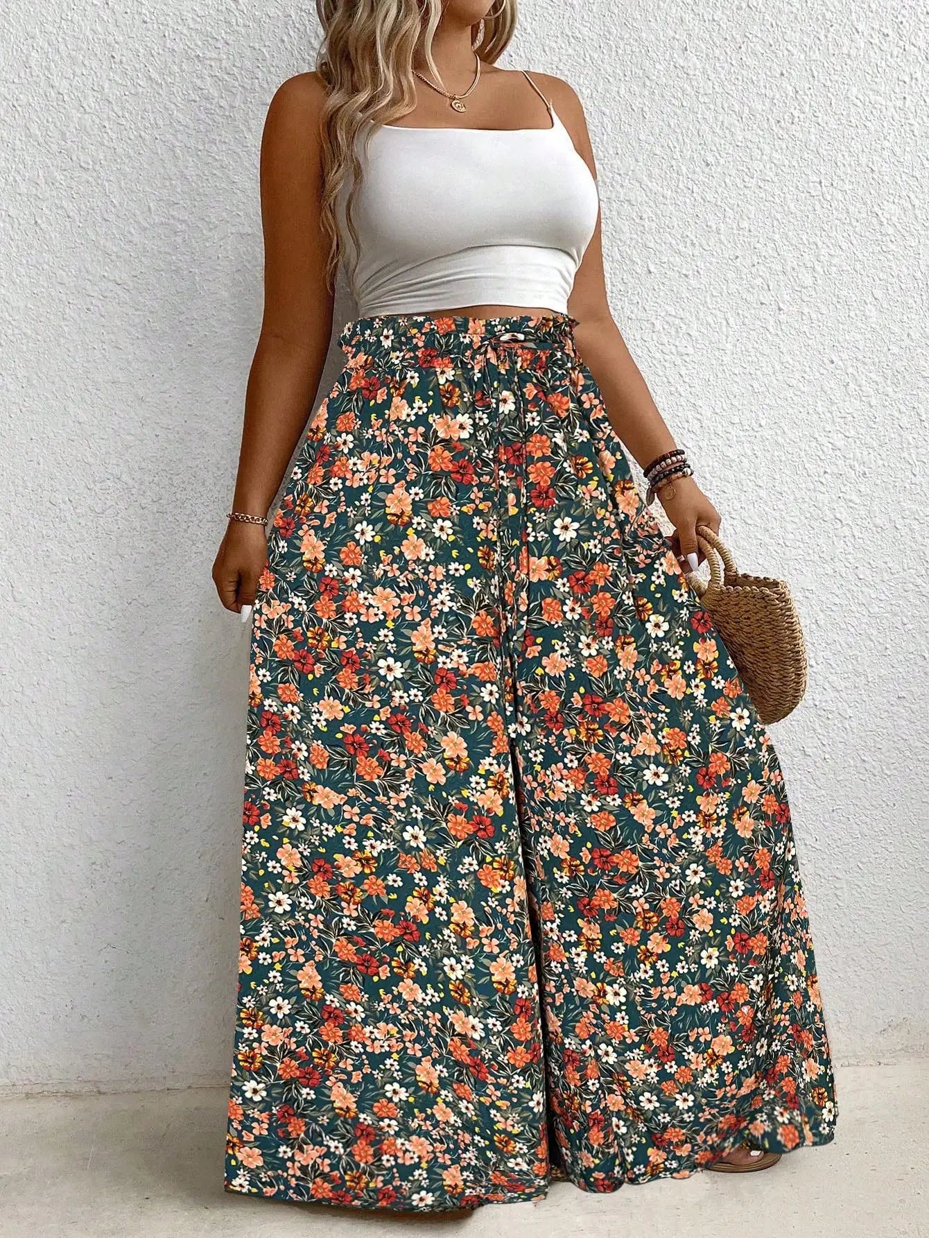 Plus Size Women's Clothing Loose Comfortable Commuting Casual Style Summer Printed Long Pants Elastic Waist Drawstring Draped Wide Leg Pants