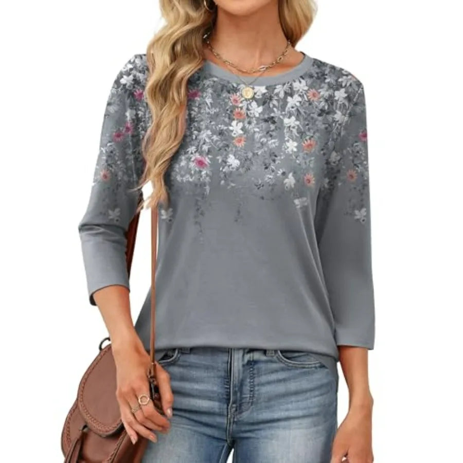 OFEEFAN 3/4 Length Sleeve Womens Tops Dressy Casual Blouses Crew Neck T Shirt Fashion Clothing Loose Fit