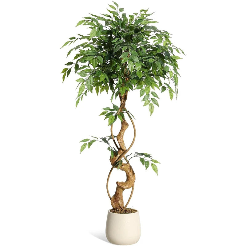 Artificial Ficus Tree 120/150/180cm with White Planter, Large Faux Weeping Fig with Curved Trunk and 1860 Silk Leaves, Lifelike Indoor Plant for Living Room Bedroom Office Decor, No Maintenance