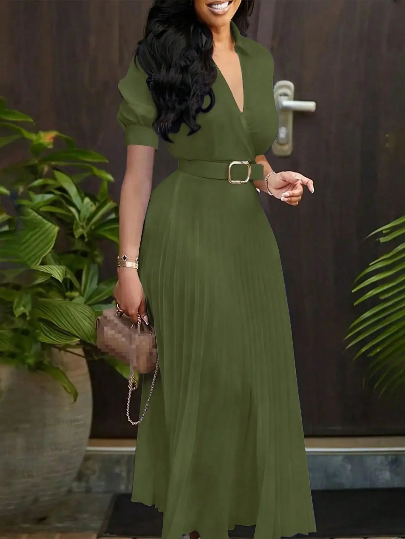 Elegant Waist-Cinching Solid Color Pleated Skirt With Belt, Short Sleeve Dress, Spring/Summer