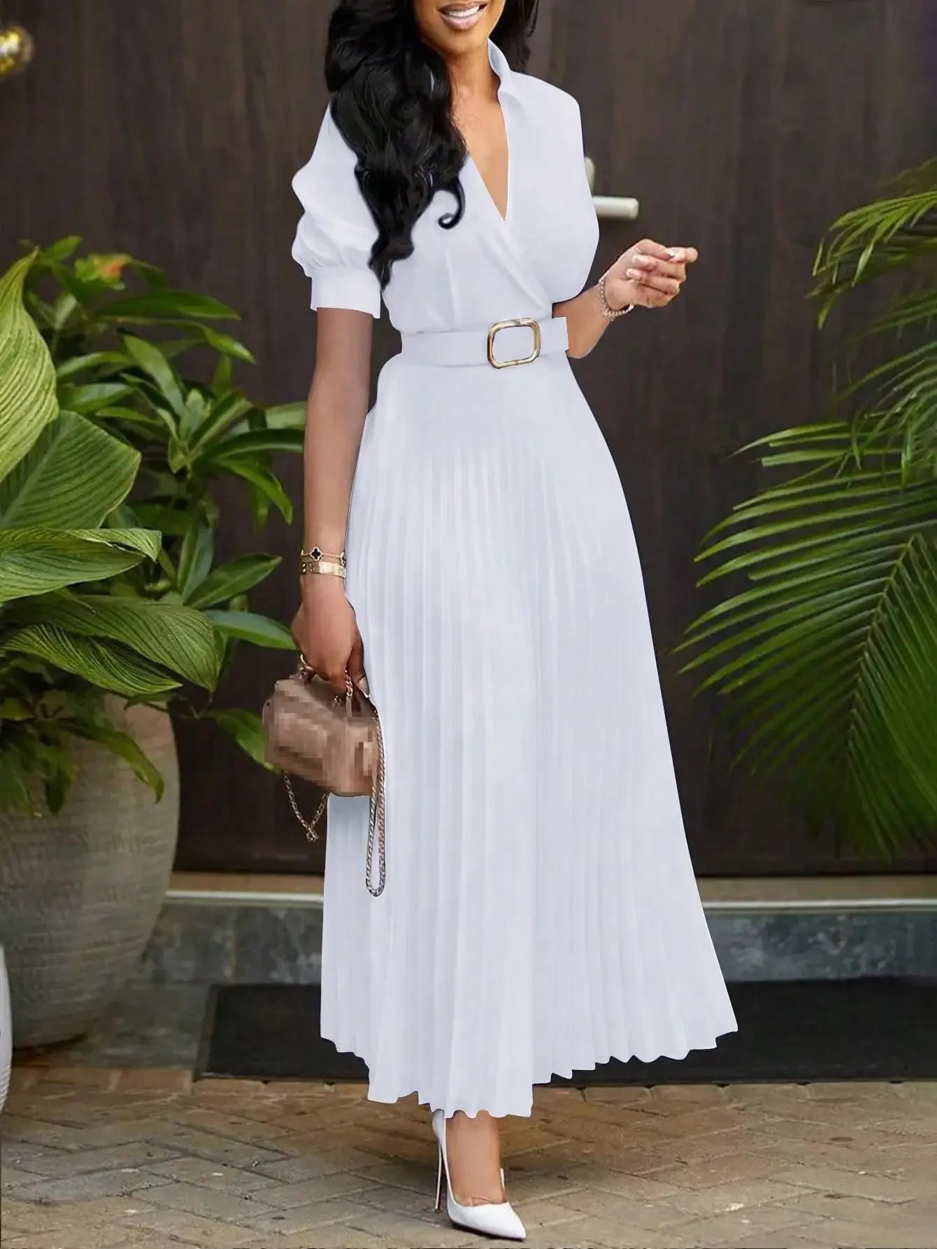 Elegant Waist-Cinching Solid Color Pleated Skirt With Belt, Short Sleeve Dress, Spring/Summer