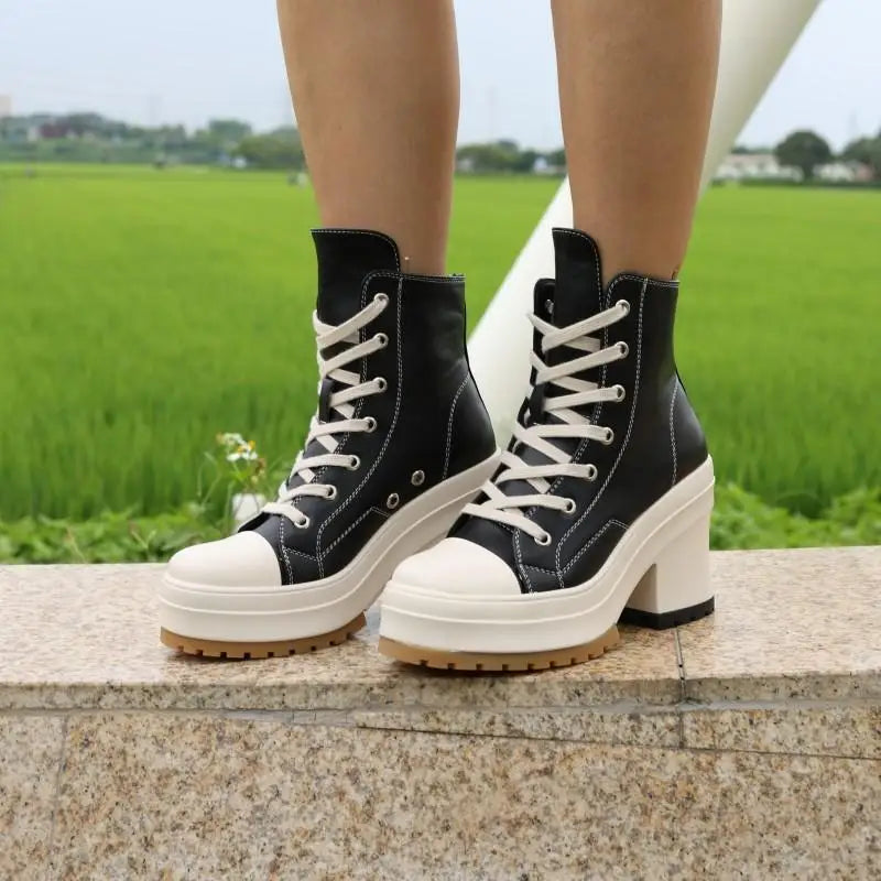 Women Chunky Heel Platform Ankle Boots Fashion All Match Casual Knight Boots Mixed Color Mujer High Heel Modern Botas Gothic