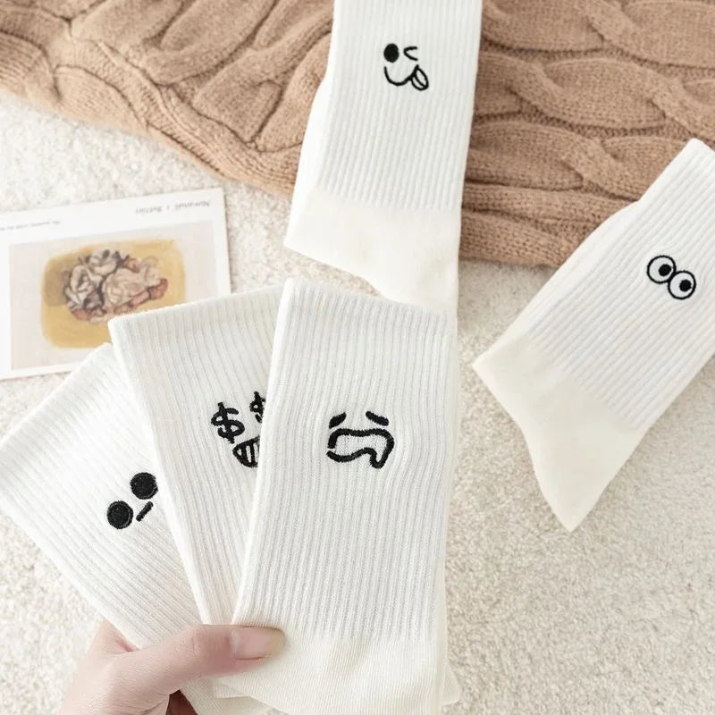 3/ 5 Pairs Women's Cartoon Socks Autumn Girls Cute Funny Expression Pattern Mid Tube Kawaii Casual Breathabl White Female Socks