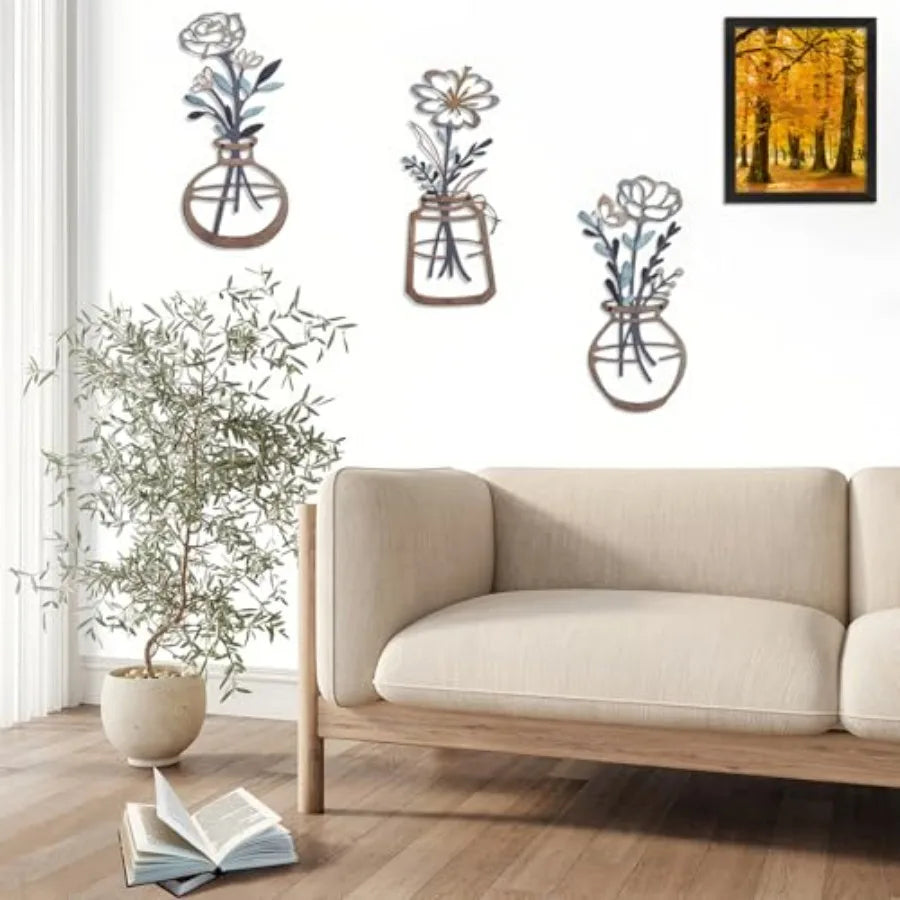 Metal-Wall-Decor Living Room - 3 Pcs Metal Bathroom Wall Art Floral Vase and Picture Frame for Decoration- Hanging Display Wall