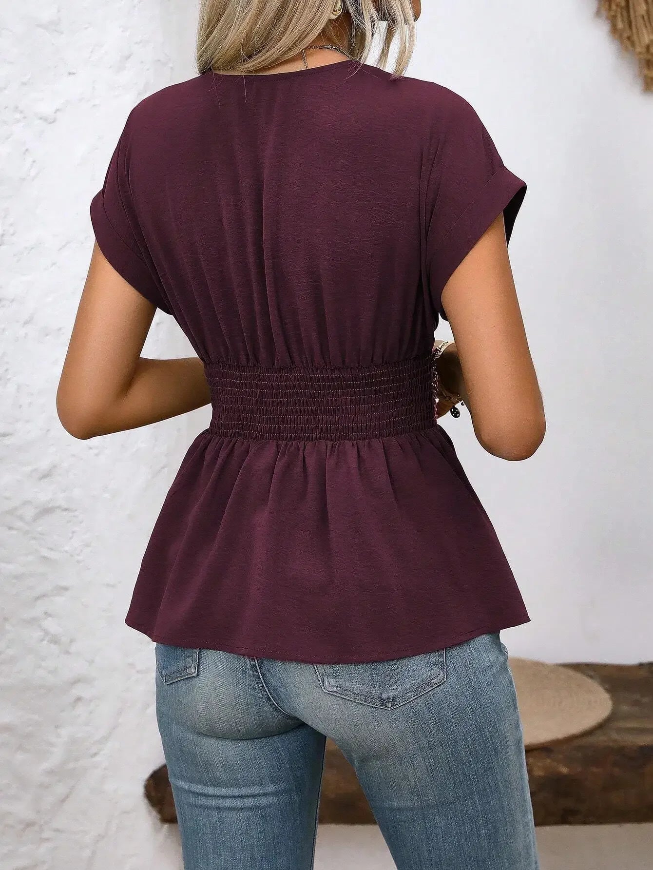 Women Solid V-Neck Batwing Sleeve Peplum Top Casual Summer Blouse