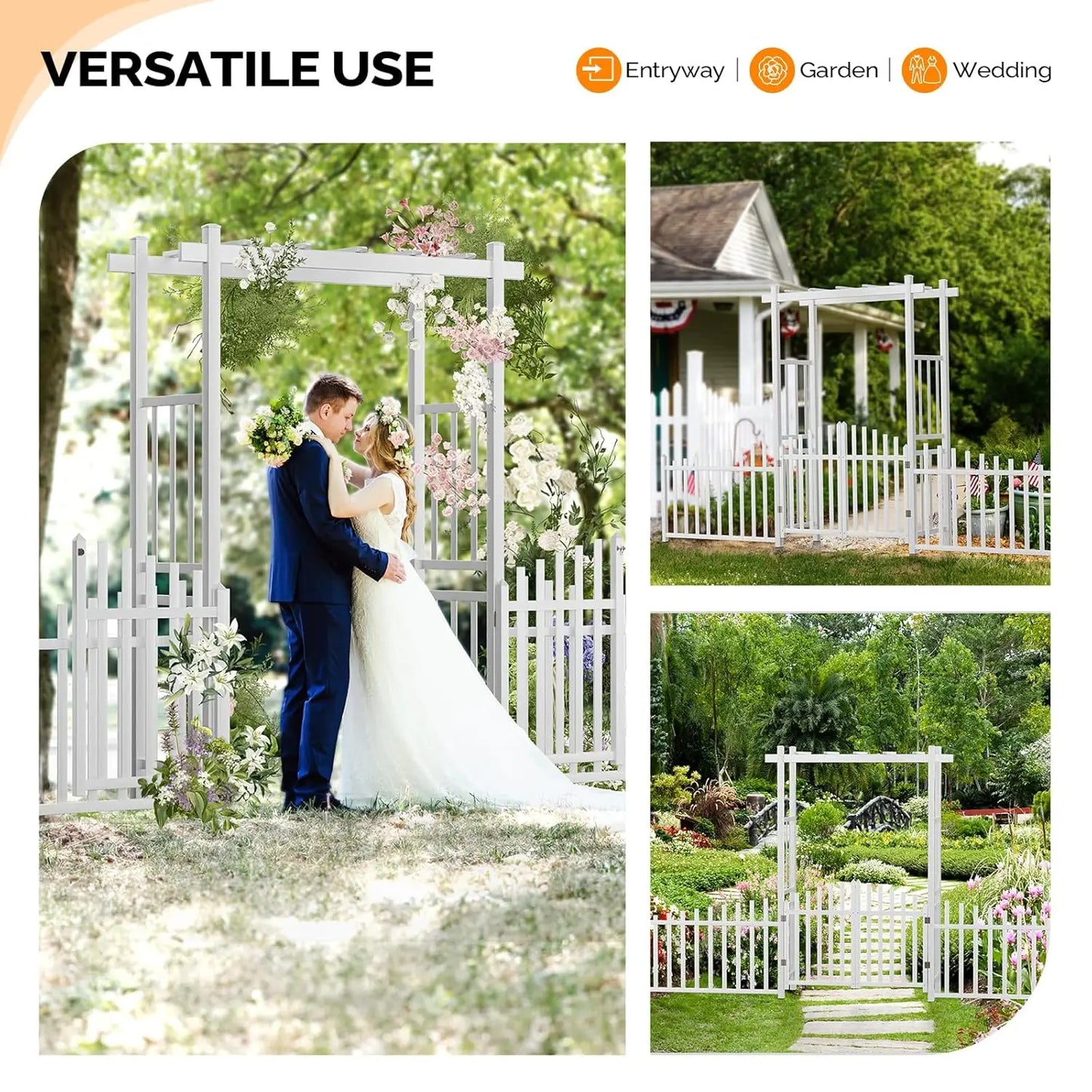 White PVC Garden Arbor with Gate & Fence, Wedding Arch Trellis for Climbing Plants, Outdoor Ceremony Backdrop, 7.5ft H, Custom