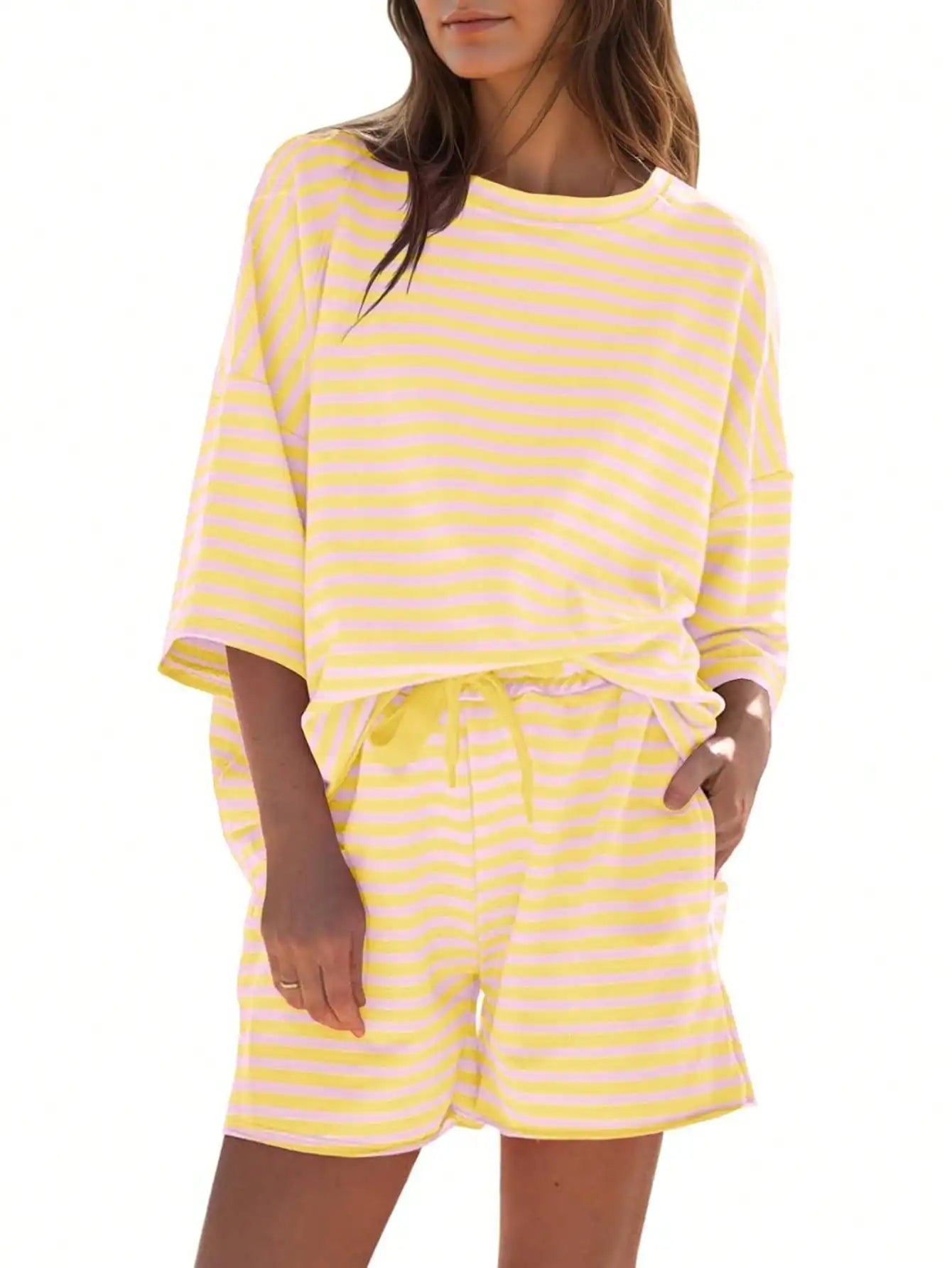 Womens Striped Athleisure 2 Piece Outfits Sweatsuit 3/4 Sleeve Oversized Tops High Waisted Shorts Casual Cozy Striped Lounge Set