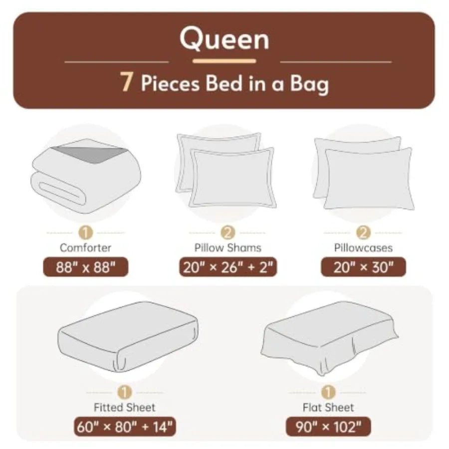 7 Pieces Brown Comforter Set Queen Size, Reversible Bed in a Bag Queen, All Season Bedding Set with Comforter, Flat and Fitted