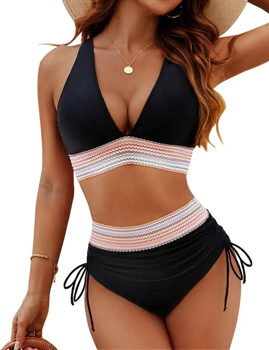 Women High Waisted Bikini Set Tummy Control Two Piece Drawstring Swimsuit