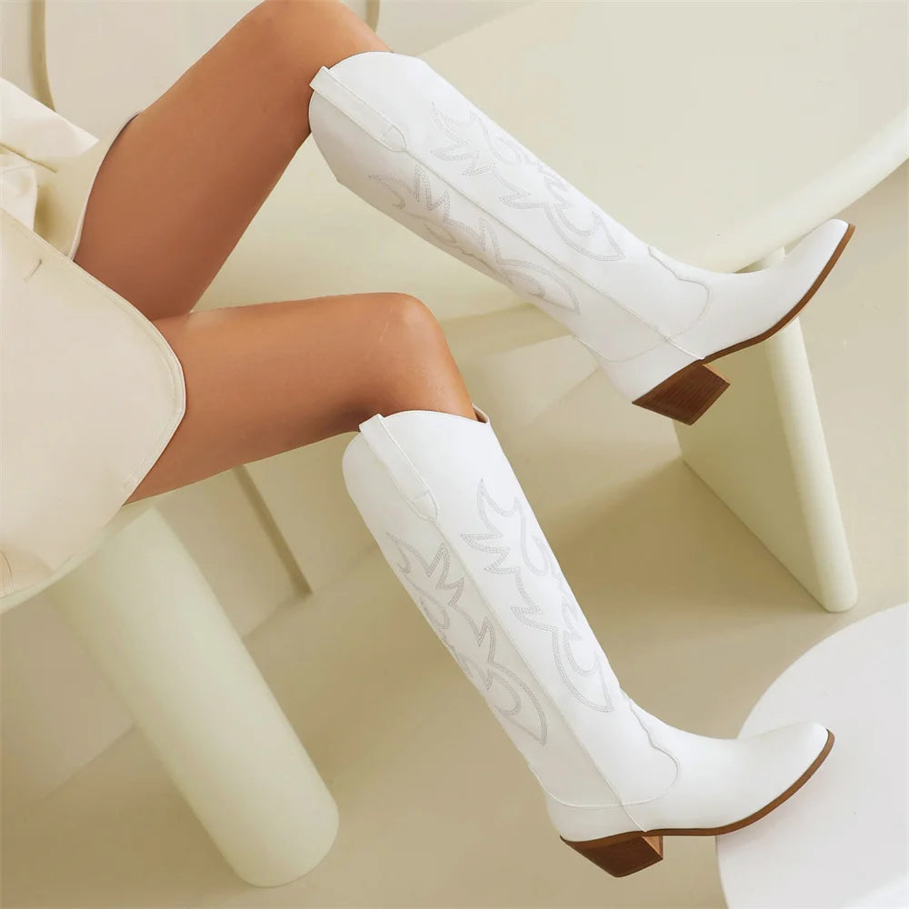 Women's Embroidered Western Cowboy Boots Block Chunky Heels Pointed Toe Pull-On Retro Classic Knee High Cowgirl Boots Woman