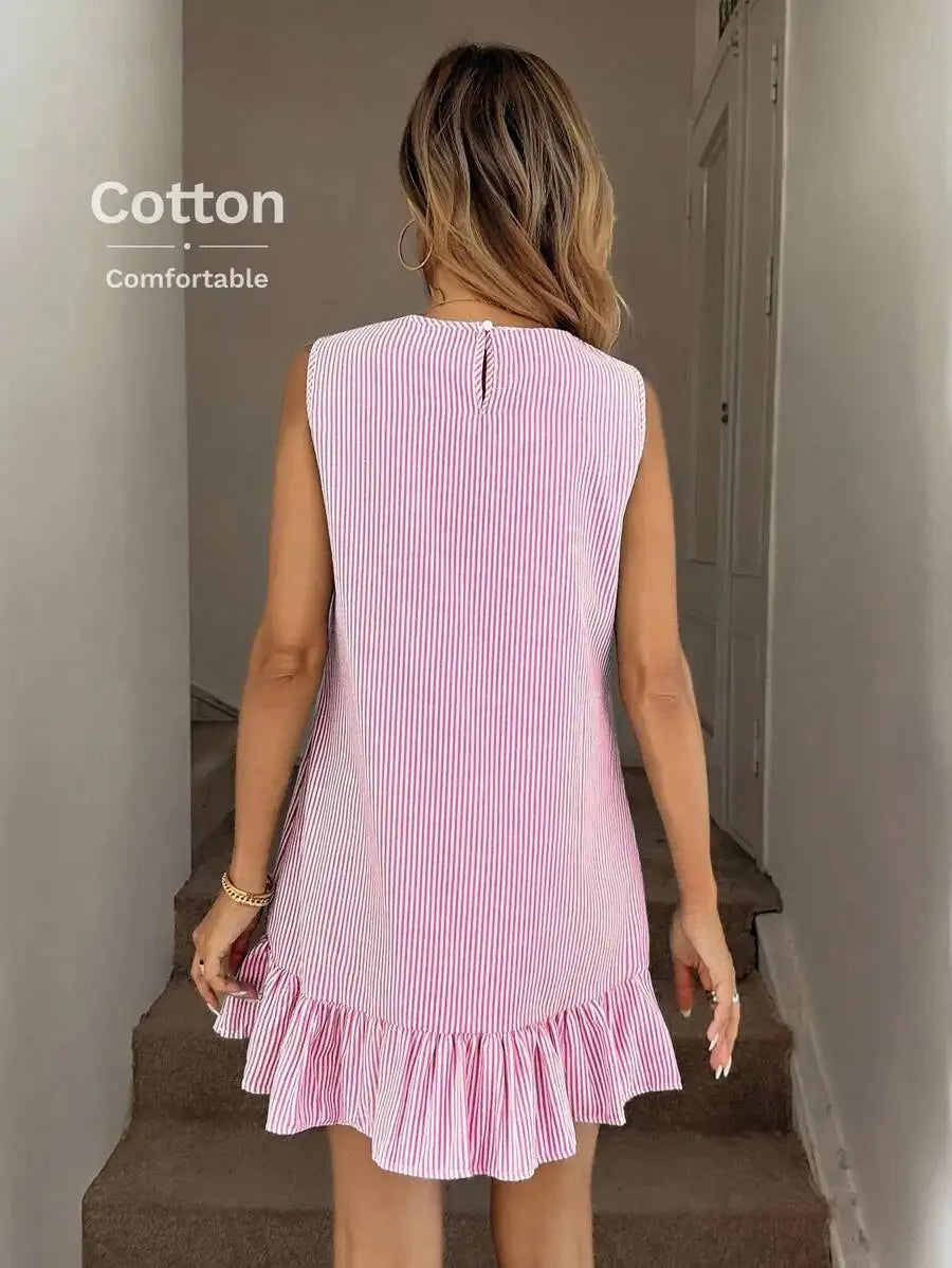 Pink And White Stripe Ruffle Hem Sleeveless Round Neck Mini Dress For Women