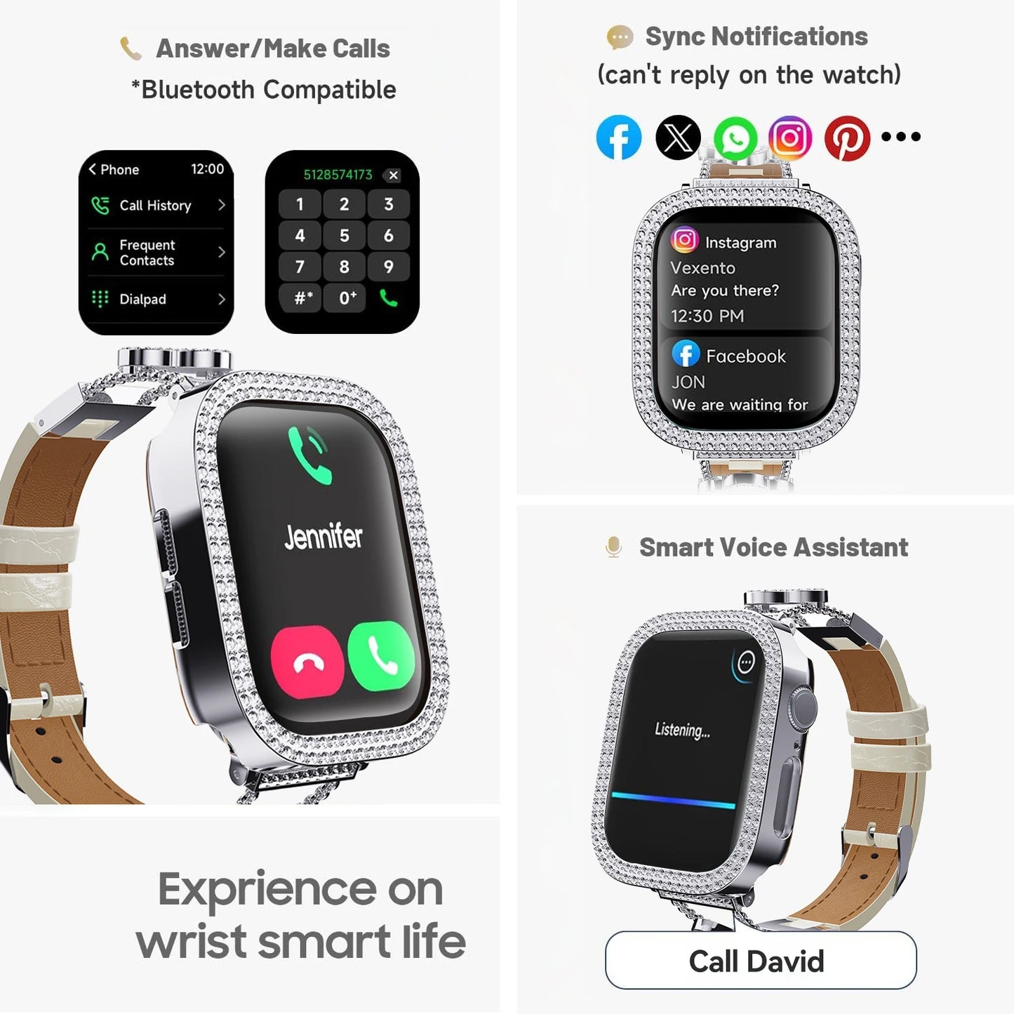 Women Luxury Smartwatch with Sparkling Rhinestones & Metal Wristband, Interchangeable Straps. Features BT Calling, Heart Rate Tracking, Wireless Charging, 110+ Exercise Modes, 3ATM Waterproof, AMOLED Touchscreen, 7-Day Batter