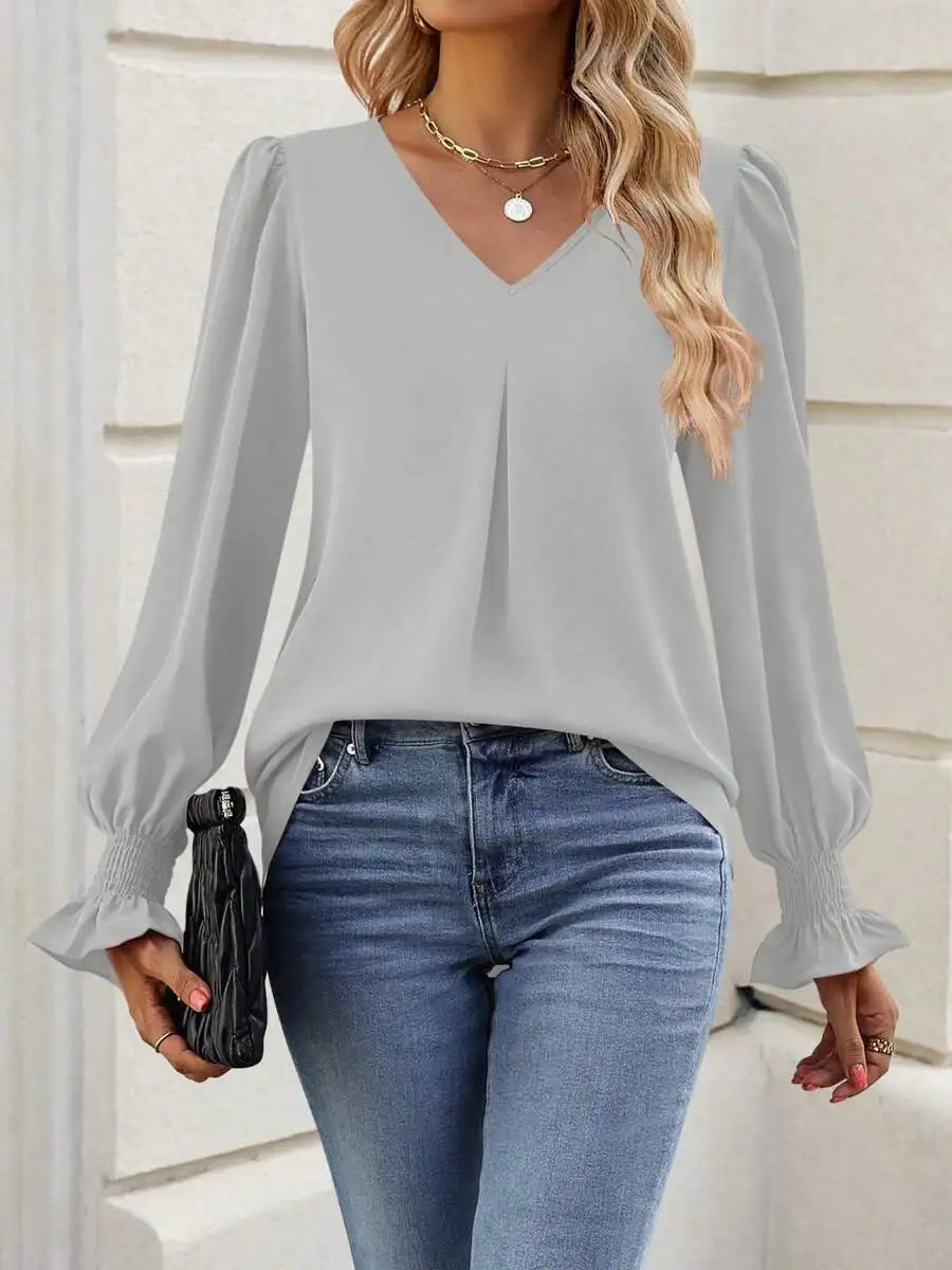 Womens Long Sleeve V Neck Loose Chiffon Blouse Casual Elegant Tunic Top