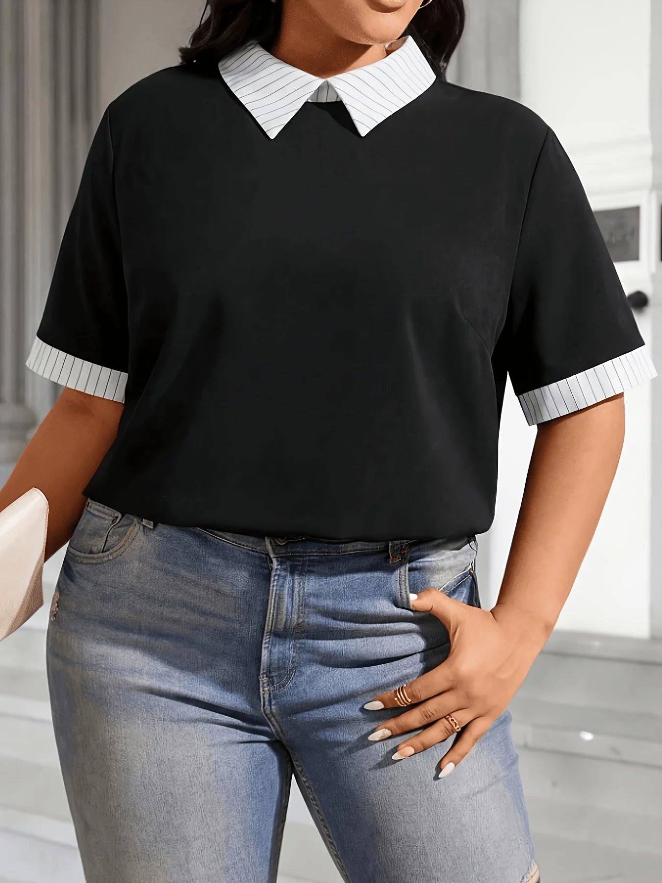 Plus size women's striped lapel spliced faux two-piece short sleeve shirt loose slimming V-neck commute top