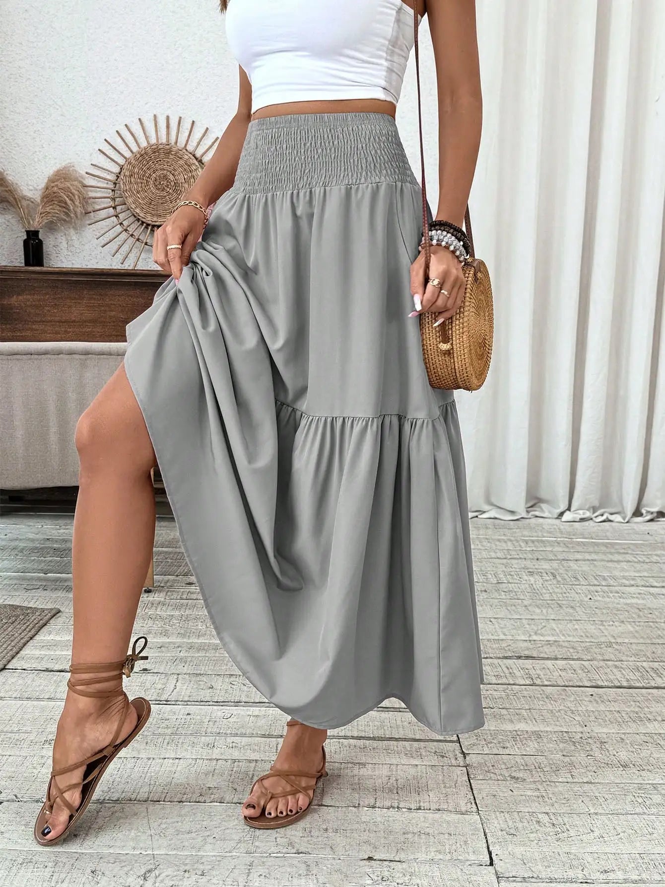 Womens Ditsy Floral A-Line Skirt With Pockets Elastic Waist Ruffle Hem