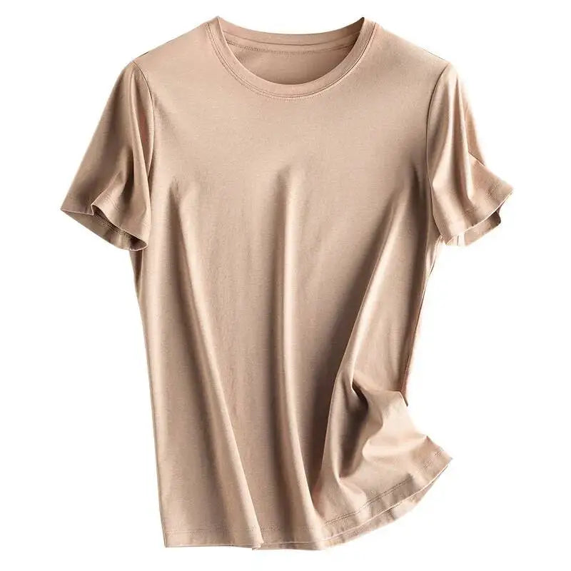 Summer 6% Mulberry Silk Cotton T-shirts Women Loose Round Neck Short Sleeve Luxury Tee Solid Color Basic Tops