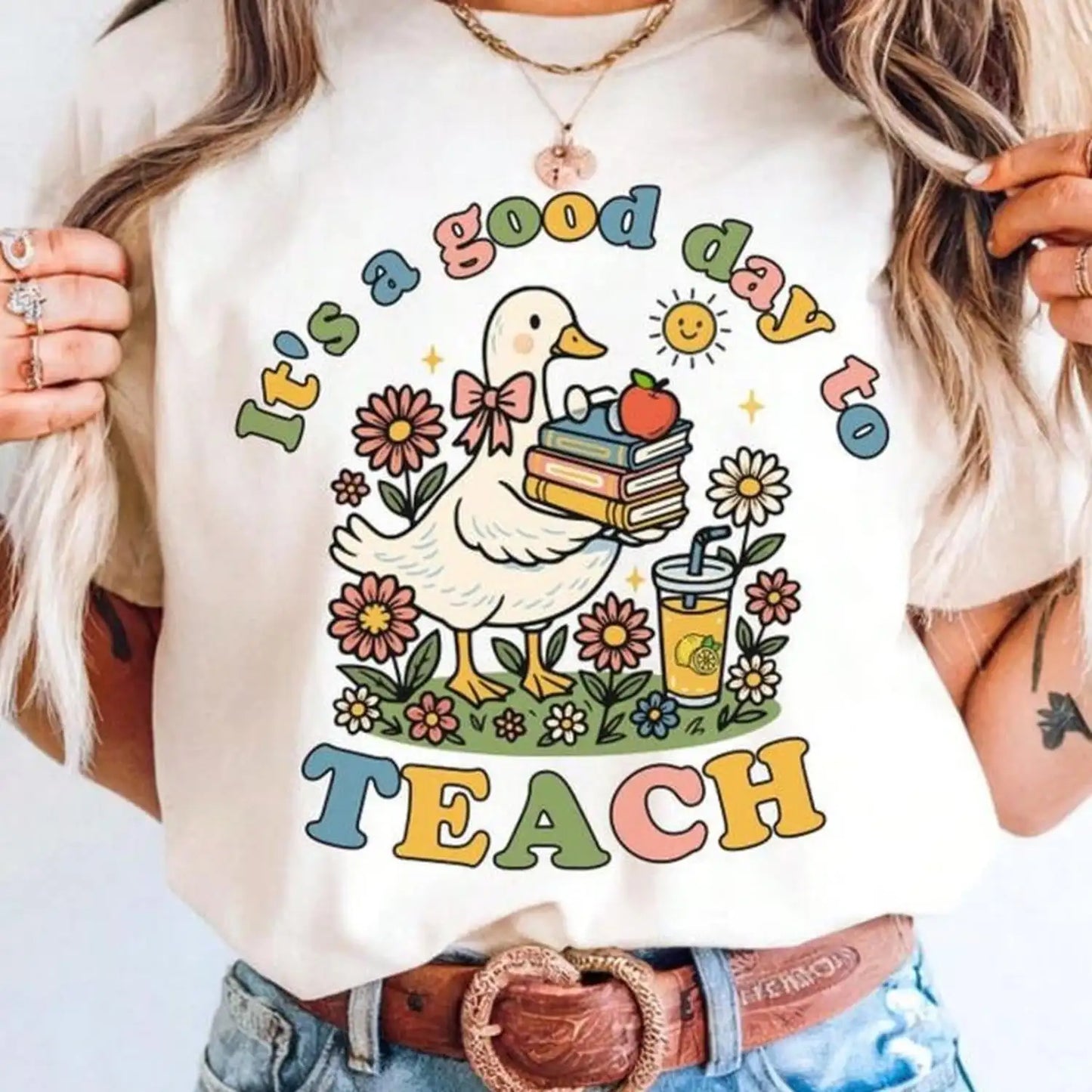 Today Is a Great Day to Teach—Cute Teacher Goose T-Shirt with Book and Flower Designs—Back-To-School Gift for Female Teachers