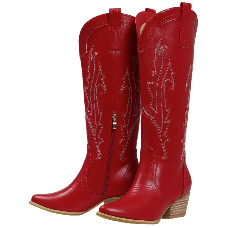 Women's Western Cowboy Boots - Knee High Embroidered Pointed Toe Cowgirl Boots with Side Zipper & Chunky Block Heel