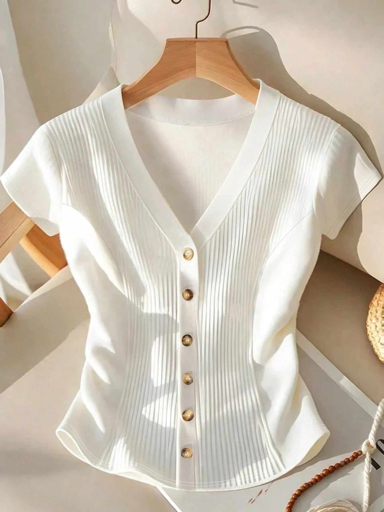 Women's Deep V-Neck Short Sleeve Cinched Waist Button Closure Elegant Casual Blouse
