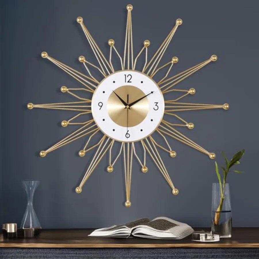 Silent 23 Inch Metal Large Gold Wall Clock for Home Decor, Mid Century Wall Clocks Battery Operated, Art Deco Starburst Wall Cl