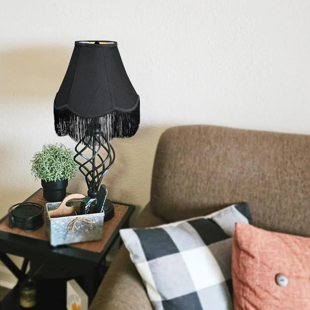 Handcrafted Black Bell Lamp Shades for Table and Floor Lamps, 6x13x9.25 Inches, Scalloped Fringe, Easy Assembly