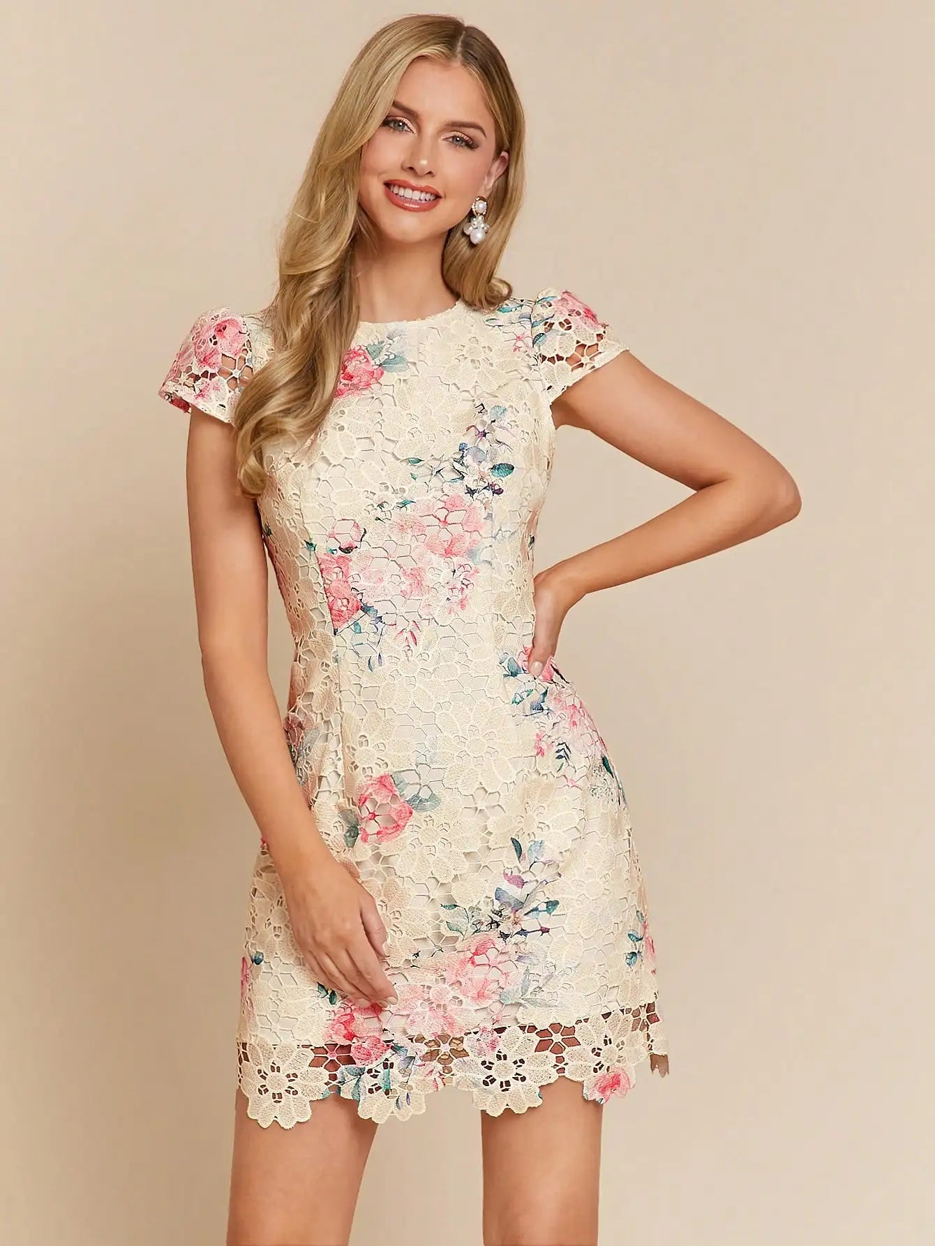 Women's Floral Lace Hollow Out Short Dress Summer Elegant Mini Dress