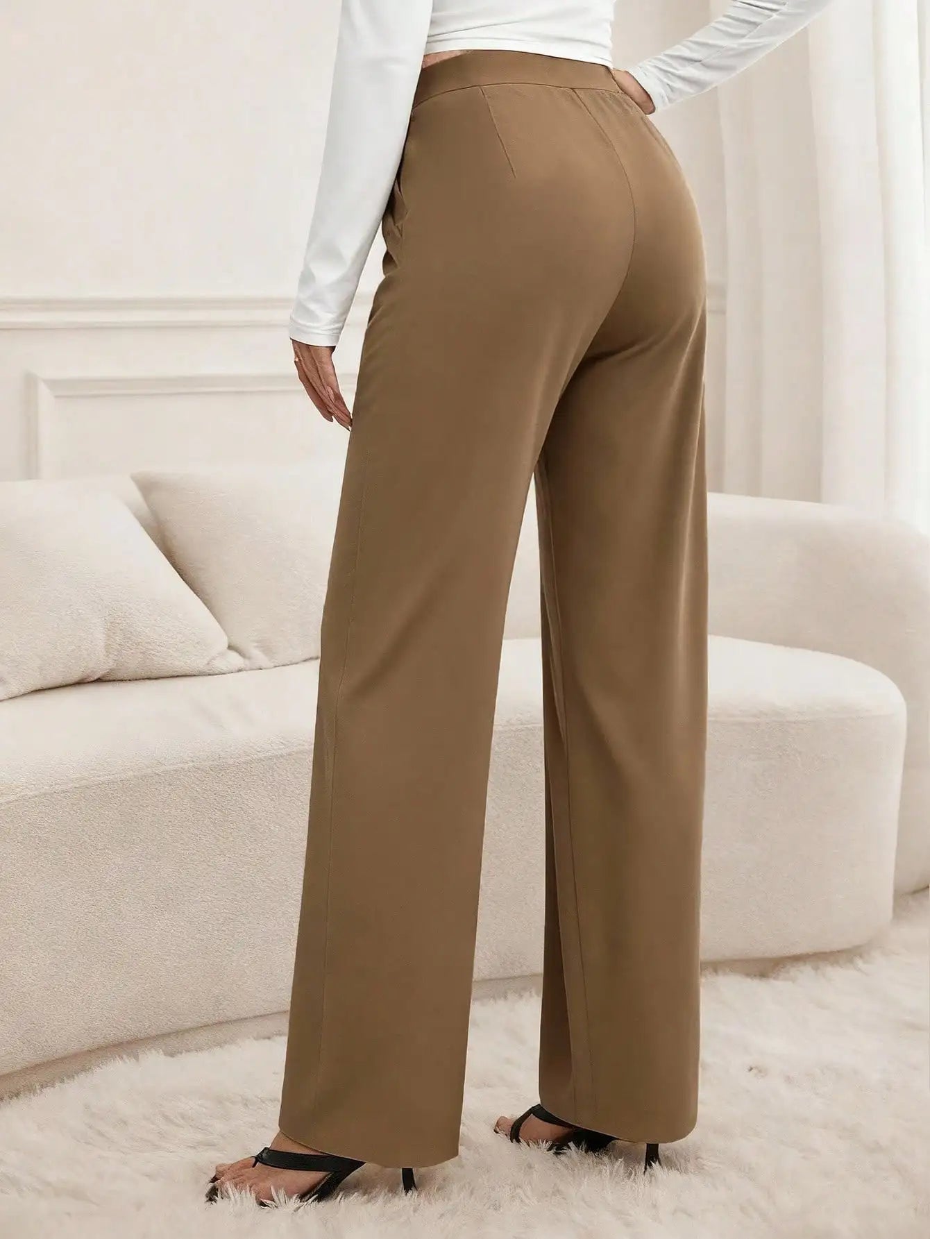 Camel Straight Leg Pants For Women Elegant Long Style With Pocket Detail Business Casual Slacks