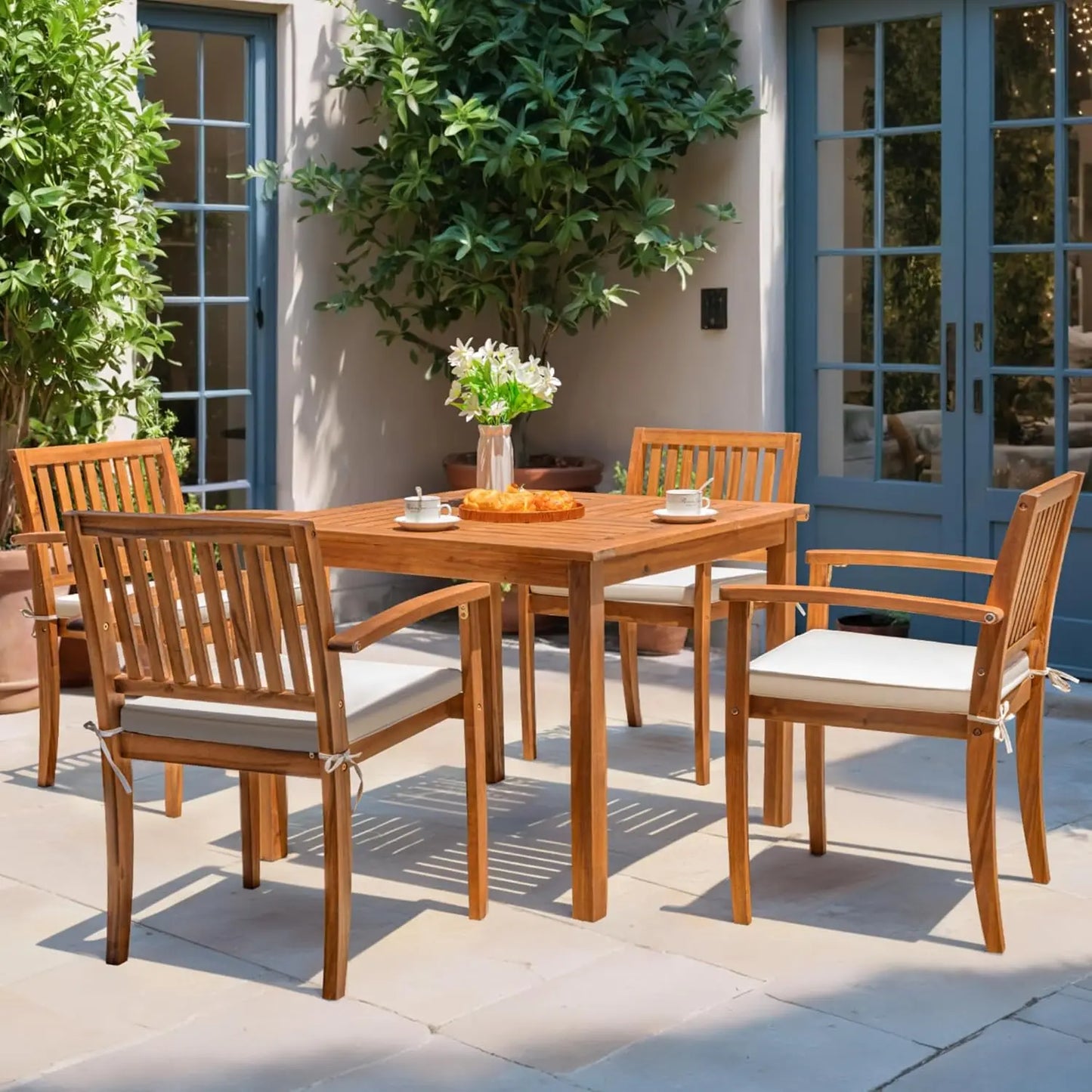 5 Piece Acacia Wood Outdoor Dining Set with Soft Cushions for Deck Backyard Garden, Custom