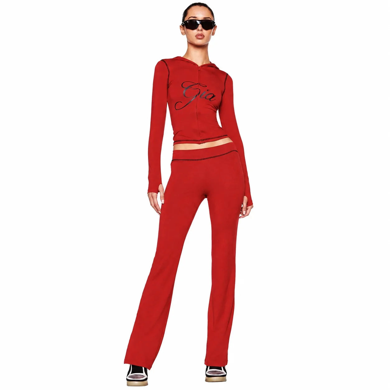 Red Women's Zip-Up Crop Top & Leggings Set with 'Girl' Graphic, Street Style Sporty 2-Piece Outfit for Parties