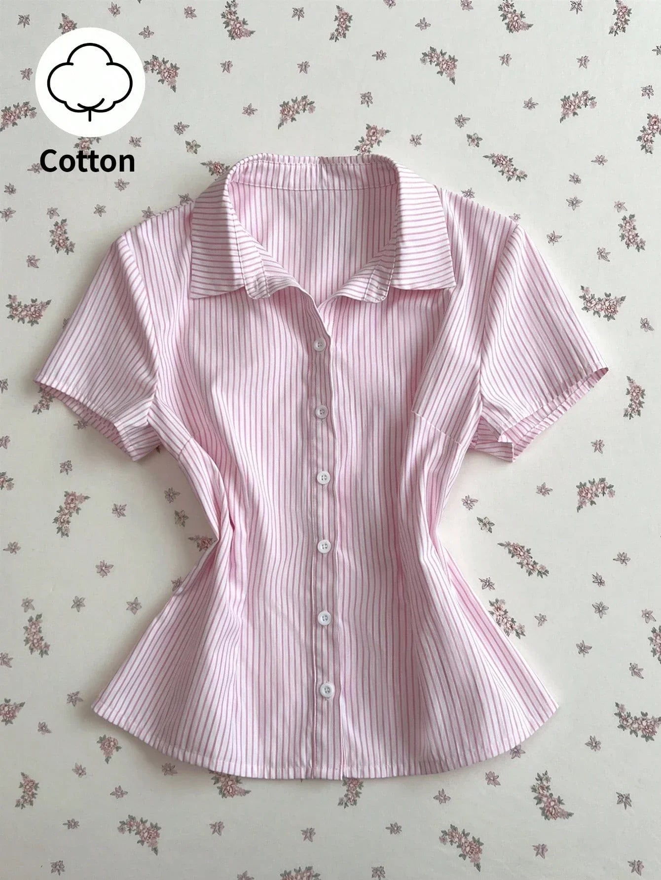 Pink And White Striped Cotton Blouse For Women, Collared Button Front Short Sleeve
