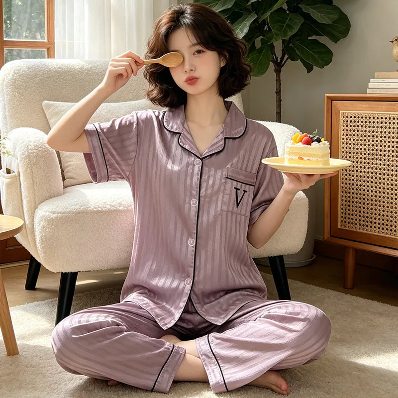Luxury Letter Print V Neck Ice Silk Pajama Set | Striped Short Sleeve Long Pants Women Summer Nightwear