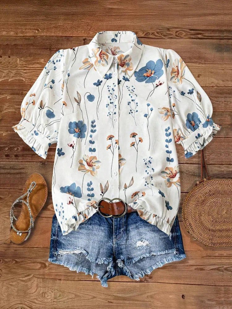 Women's Watercolor Floral Print Button Down Blouse, Lapel Puff Short Sleeve Ruffle Cuff Loose Summer Beach Casual Shirt