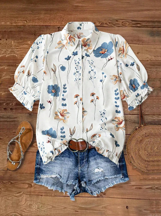 Women's Watercolor Floral Print Button Down Blouse, Lapel Puff Short Sleeve Ruffle Cuff Loose Summer Beach Casual Shirt