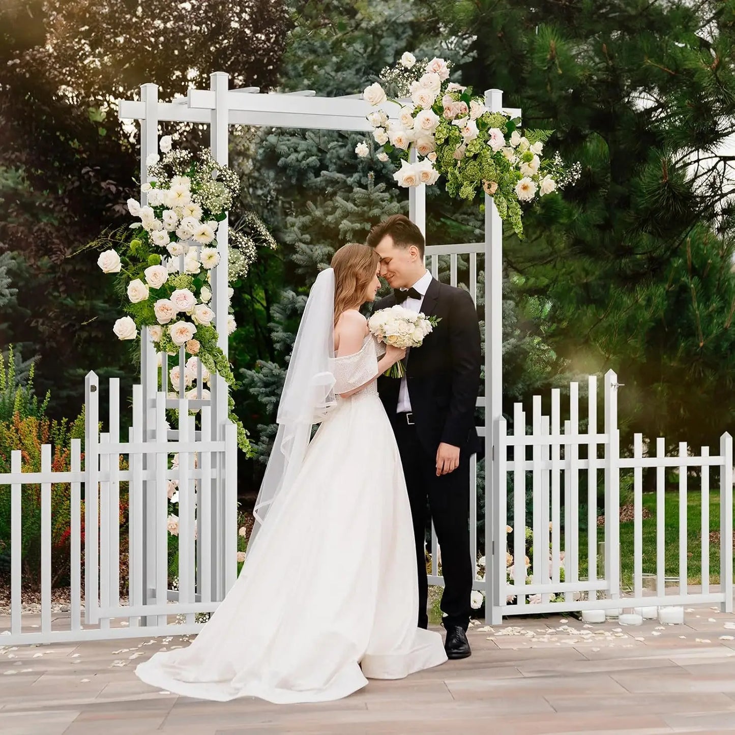 White PVC Garden Arbor with Gate & Fence, Wedding Arch Trellis for Climbing Plants, Outdoor Ceremony Backdrop, 7.5ft H, Custom
