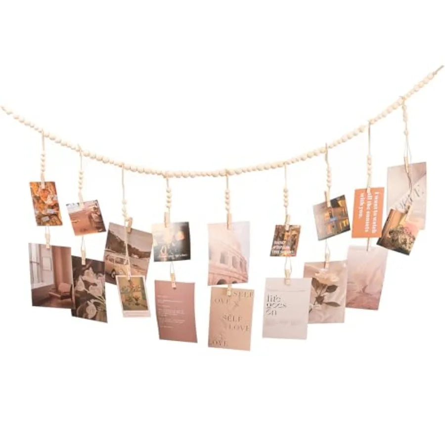 Hanging Photo Display with 18 Wood Clips, Boho Wooden Bead Wall Décor for Bedroom, Living Room, Dorm, Art Picture Display