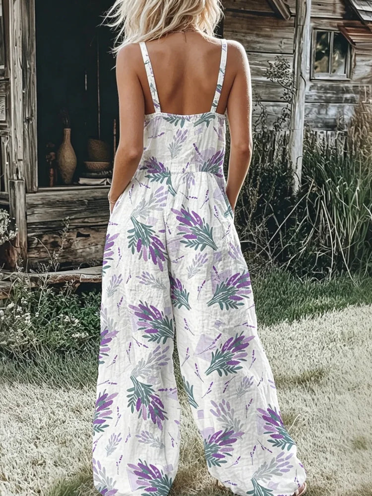 Bohemian Style Floral Jumpsuit for Women, Spaghetti Strap Smocked Bodice Wide-Leg Romper, Casual Summer Beach Vacation Jumpsuit with Pockets