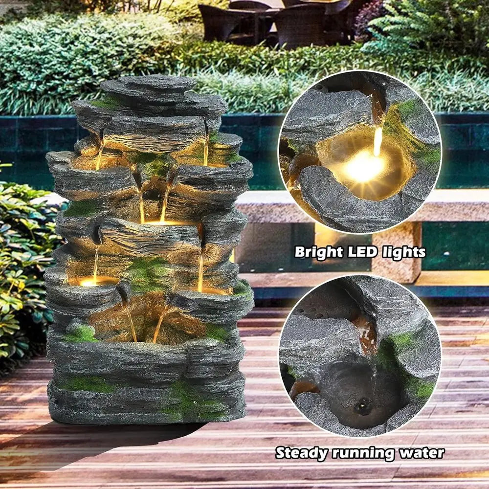 7-Tier Cascading Rock Fountain with LED Lights, Suitable for Indoor and Outdoor Use, Perfect for Home and Garden Decor