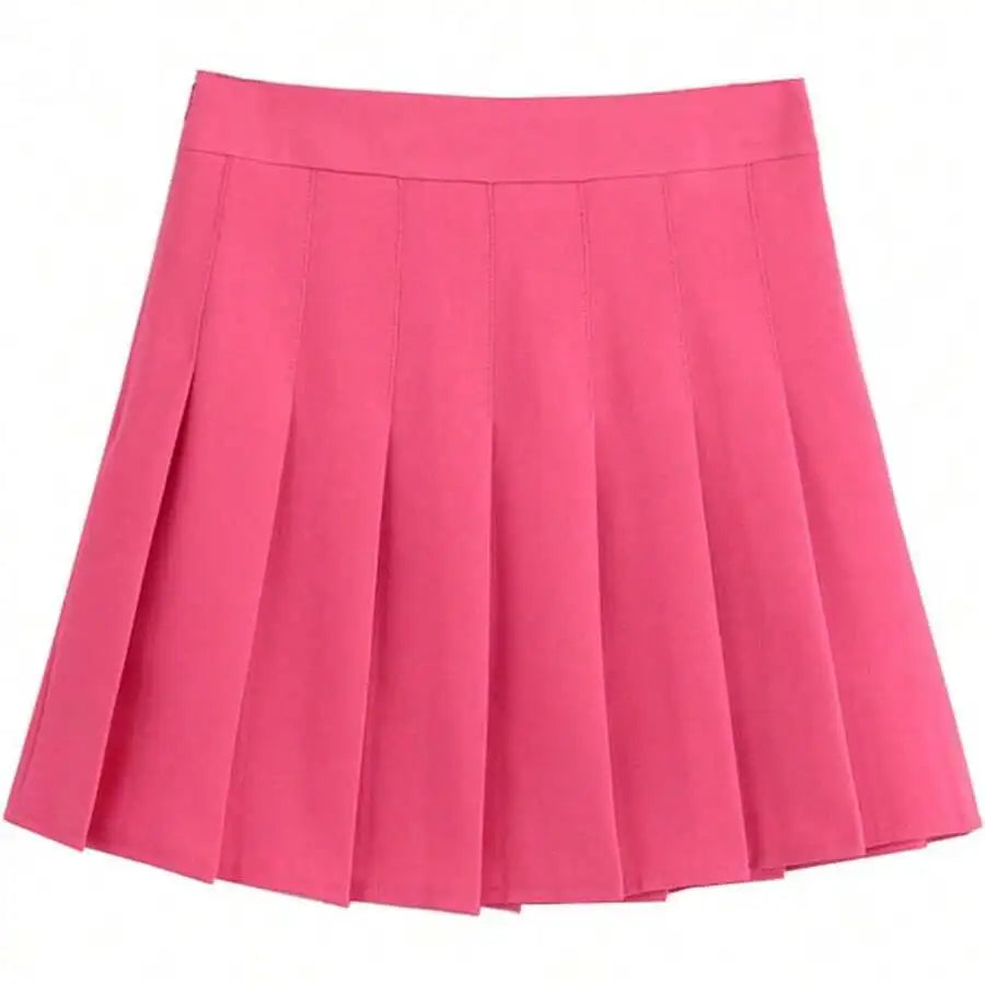 Womens High Waist A-Line Pleated Mini Skirt Solid Color Polyester
