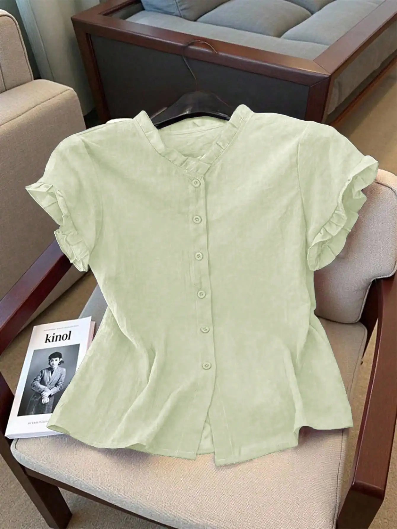 Women's Casual Pink Ruffled Collar Short Sleeve Button Up Blouse