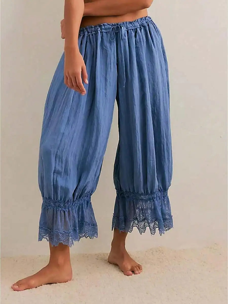 Women Lace Trim Elastic Mid Rise Cropped Flared Bloomers Pantaloons