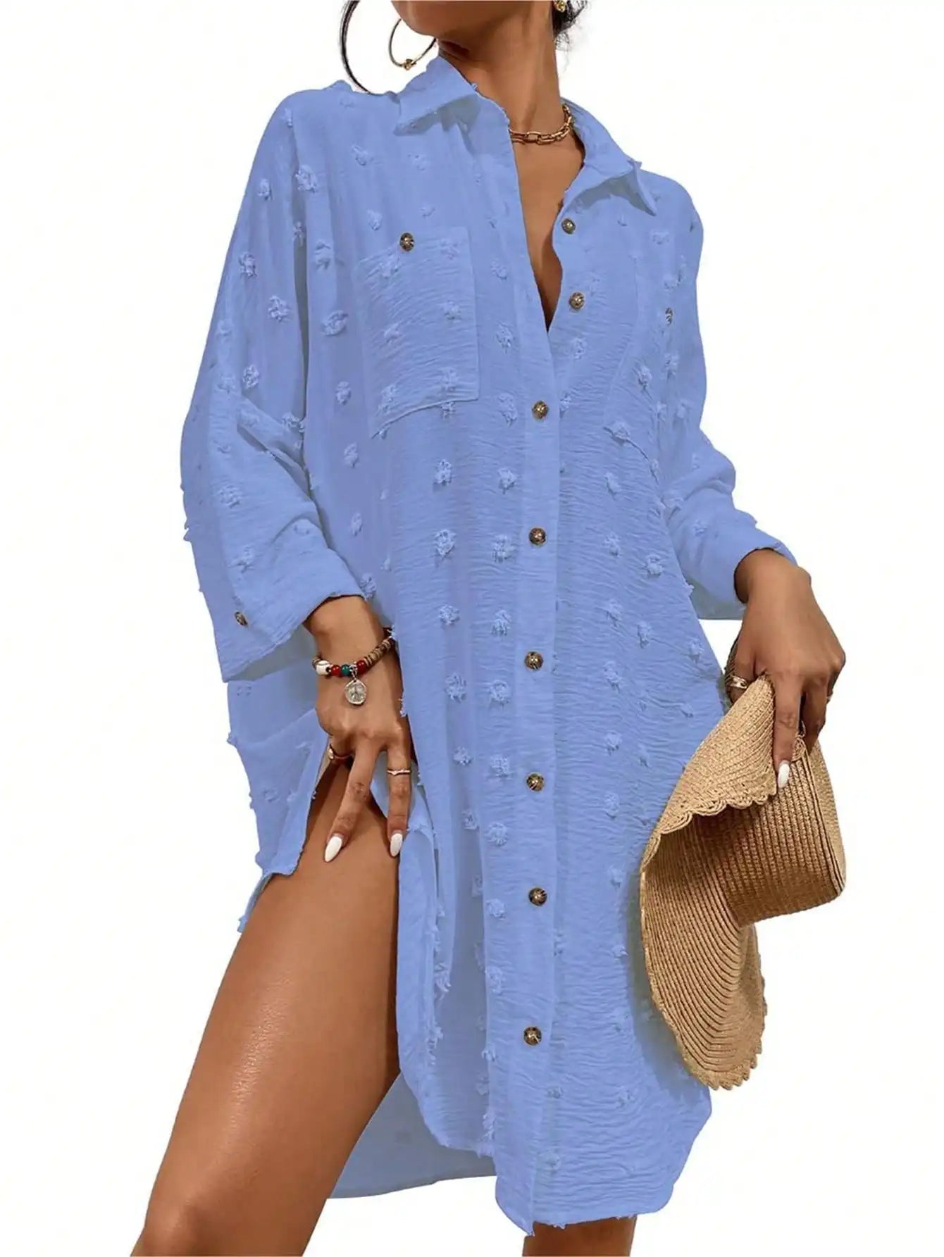 Loose Buttoned Chiffon Cover Up Shirt With Pom Pom Detail For Beach