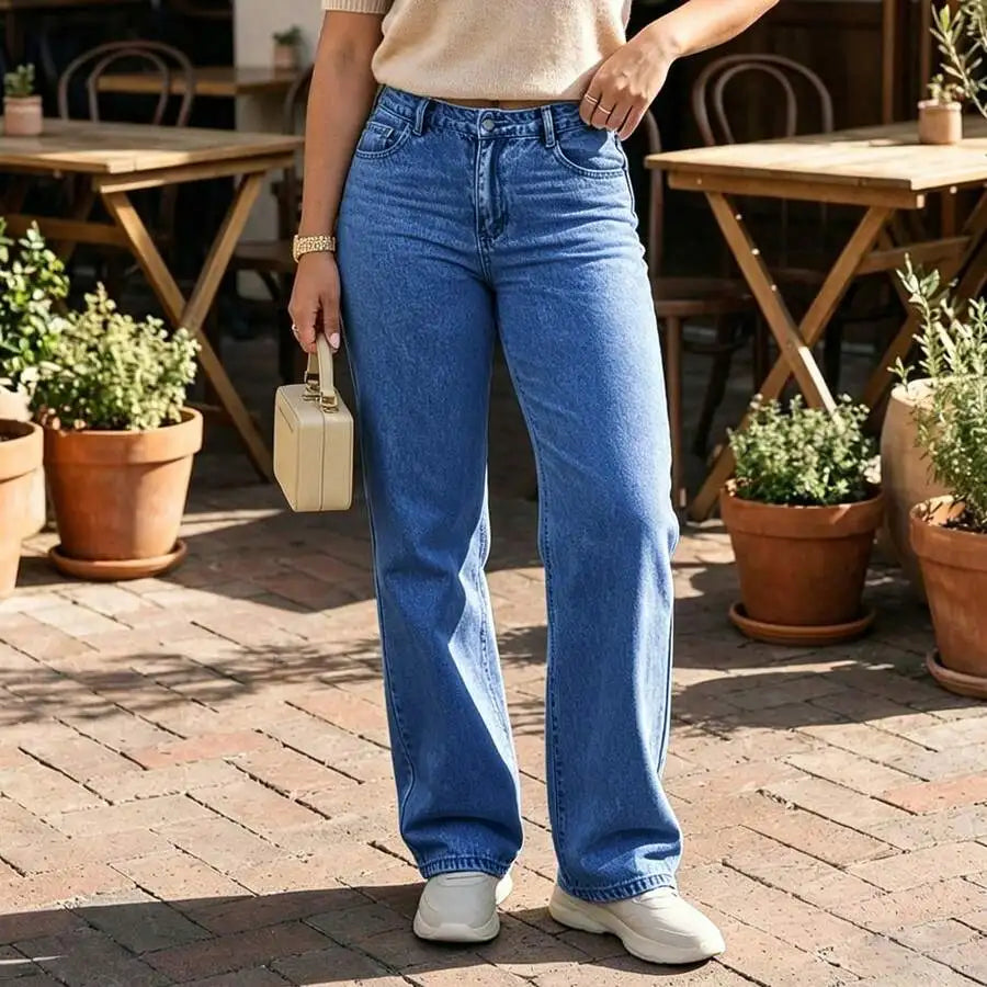 Womens Mid Rise Straight Leg Black Denim Jeans, Casual Loose Fit Trousers