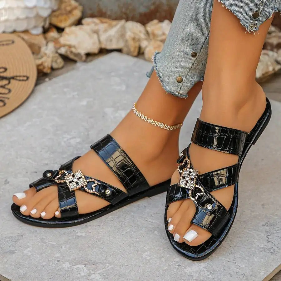 Womens White Flat Sandals With Crystal Buckle Strap Casual Beach  Shoes