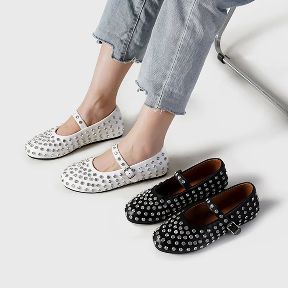 Women Crystal Studded Flats with Buckle Strap Rhinestone Ballet Flats Fashion Glitter Shoes Comfortable Female Casual Shoes