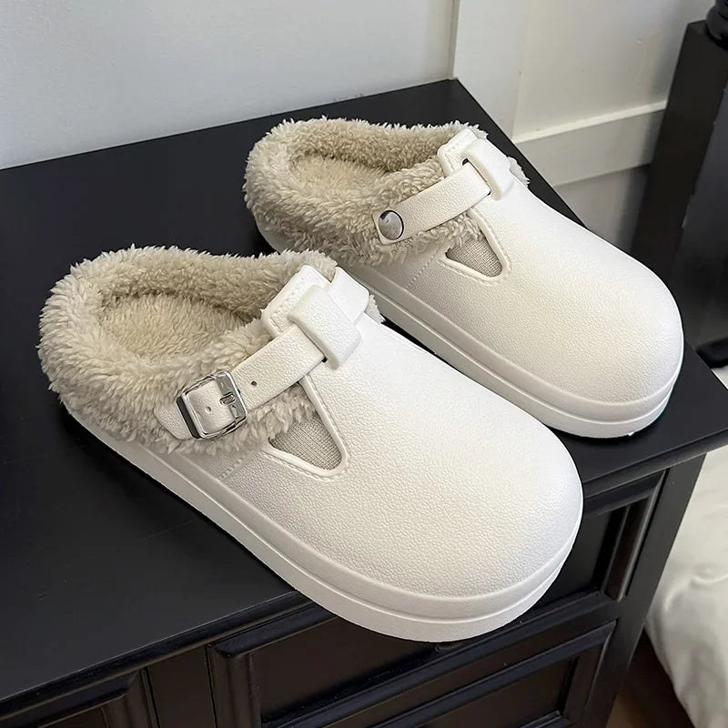 2025 New Waterproof Eva Fuzzy Mules Women Winter Warm Fluffy Slippers Soft Thick Sole Anti Slip Indoor Shoes
